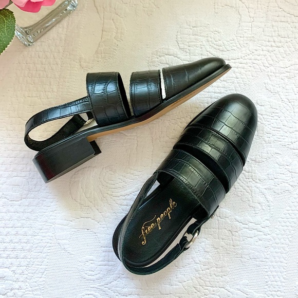 Free People Shoes - NEW Free People Black Croc print Leather Heeled Mules 6